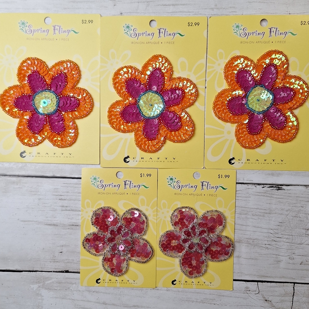 Lot Of 5 Spring Fling 2006 Flower Iron-on Applique Patches Crafts Sequins Beads